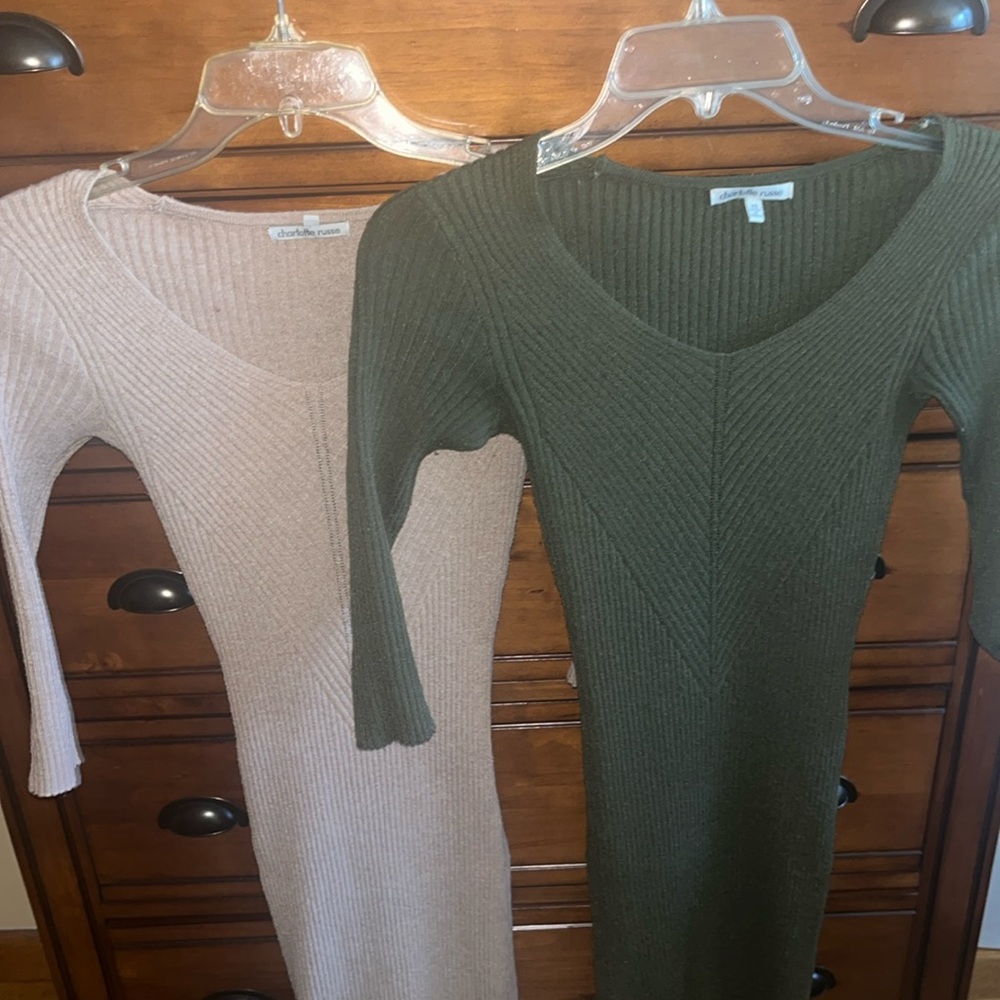 Charlotte Russe V-Neck Sweater Dress in Olive and Beige
